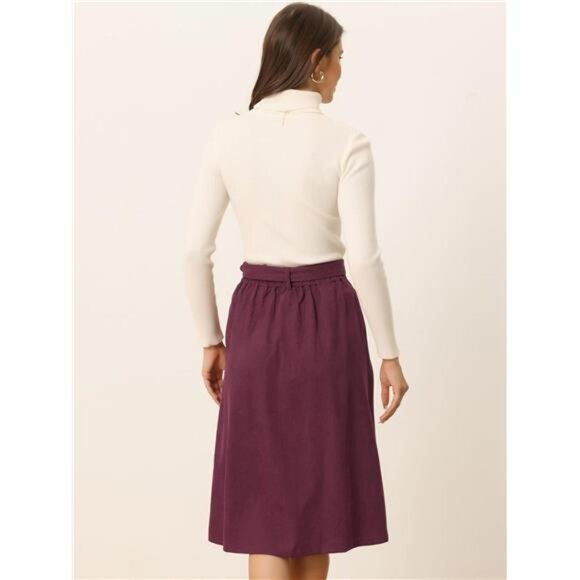 Womens High Waist Button Front A-Line Skirt Burgundy - Picture 4 of 5